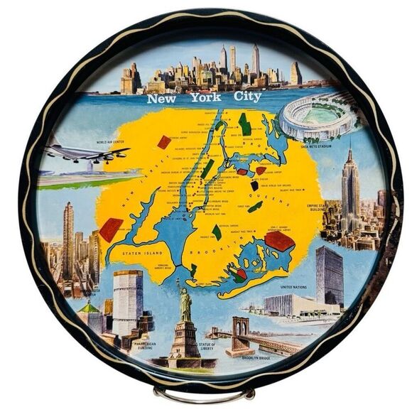 NEW YORK CITY VINTAGE SOUVENIR METAL TRAY - PRE-WORLD TRADE CENTER - 11" DIA. - Picture 1 of 6